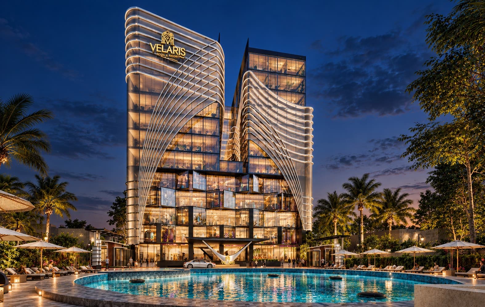 Night aerial render of Velaris with illuminated gold-wave façade