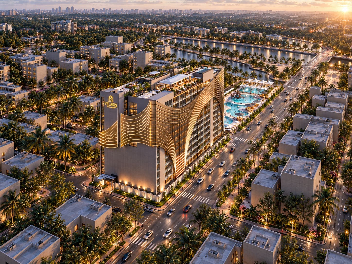 Daytime aerial render of the Velaris resort and surrounding city