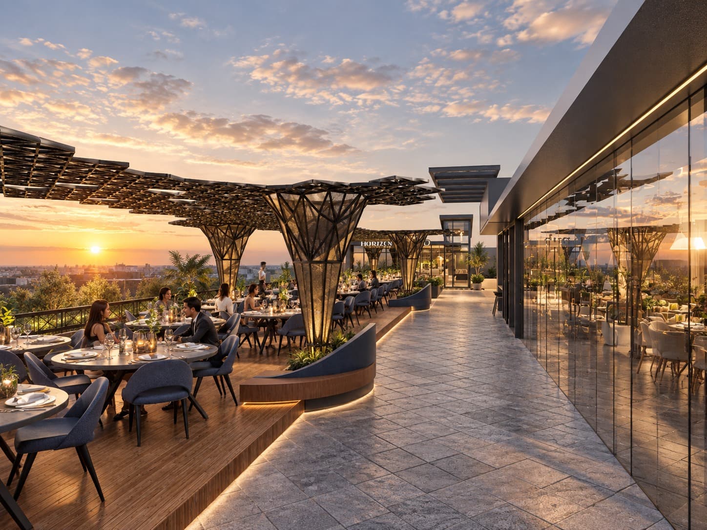 Rooftop restaurant at sunset with guests dining