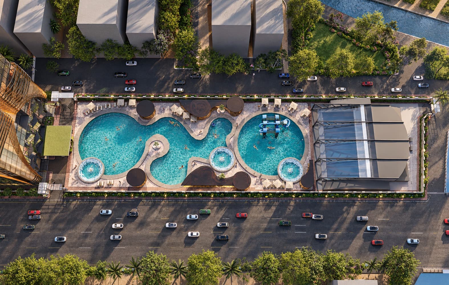 Aerial view of the lagoon pool, pool bars and fountain