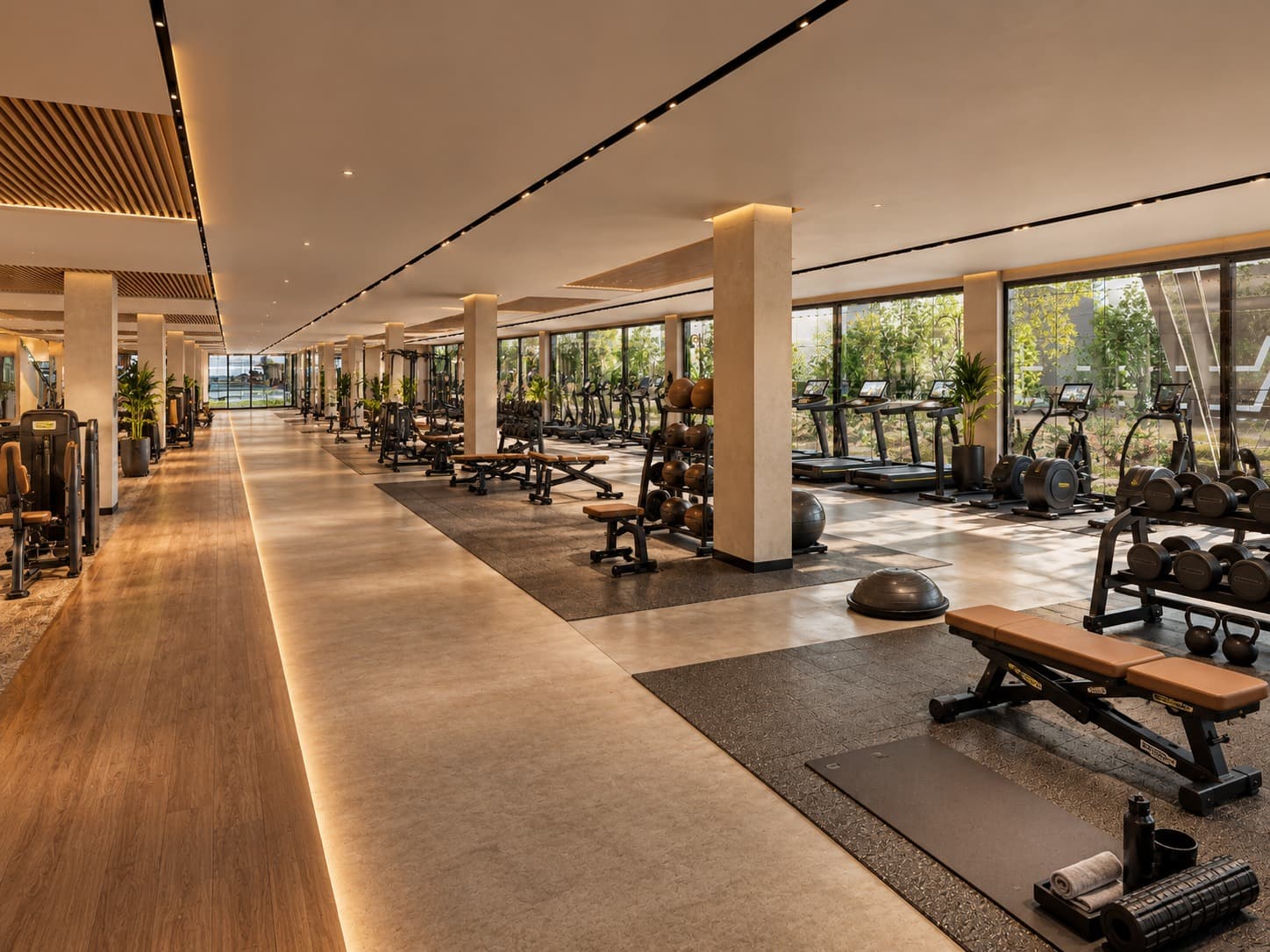Fitness gym with equipment and garden views