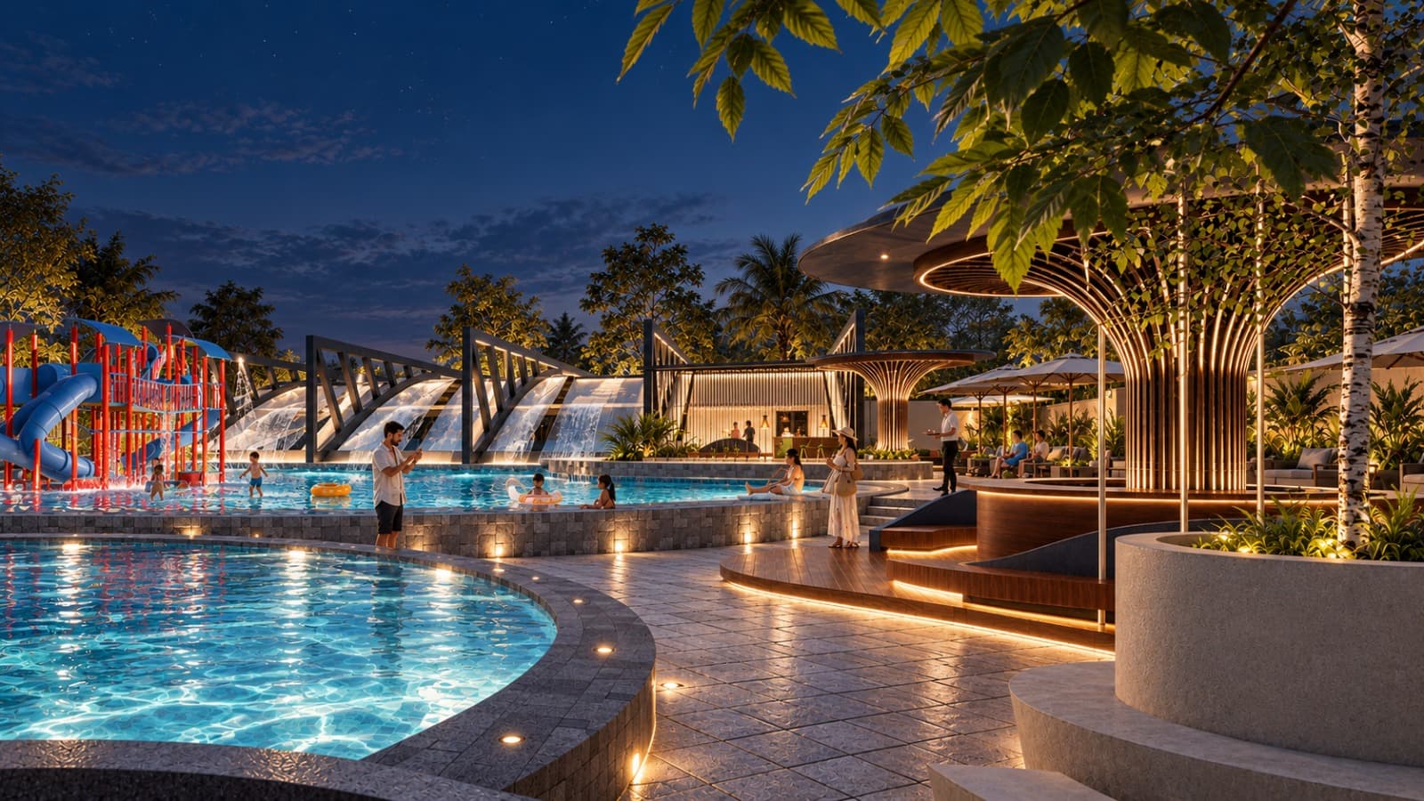 Lagoon pool at night with families and water play